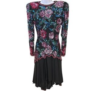 Vintage Destinee Black Floral Sequin Evening Dress Long Sleeve Glam Disco Luxe